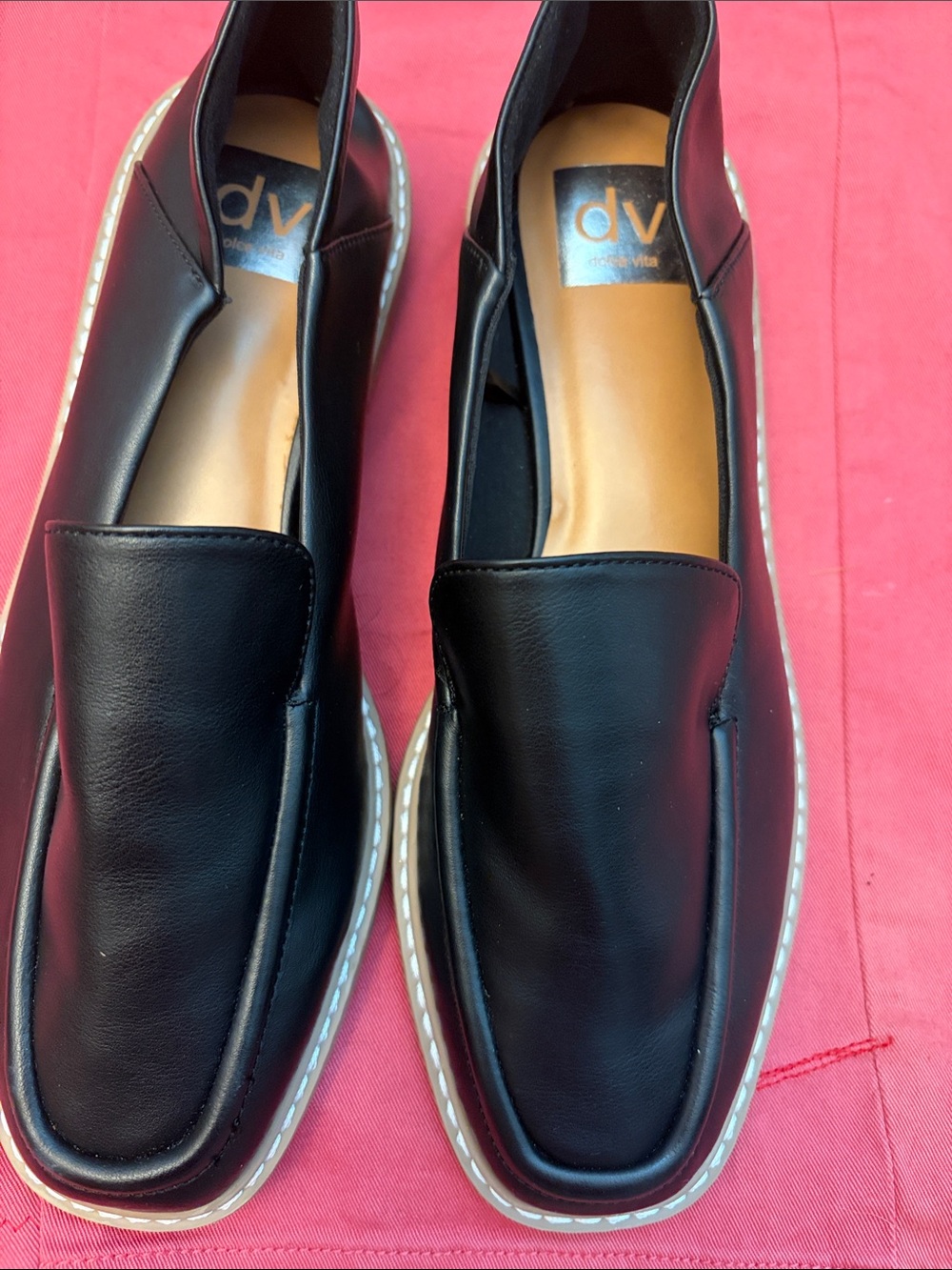 DV by Dolce Vita Black Leather Slip-On Loafers with White Stitching
